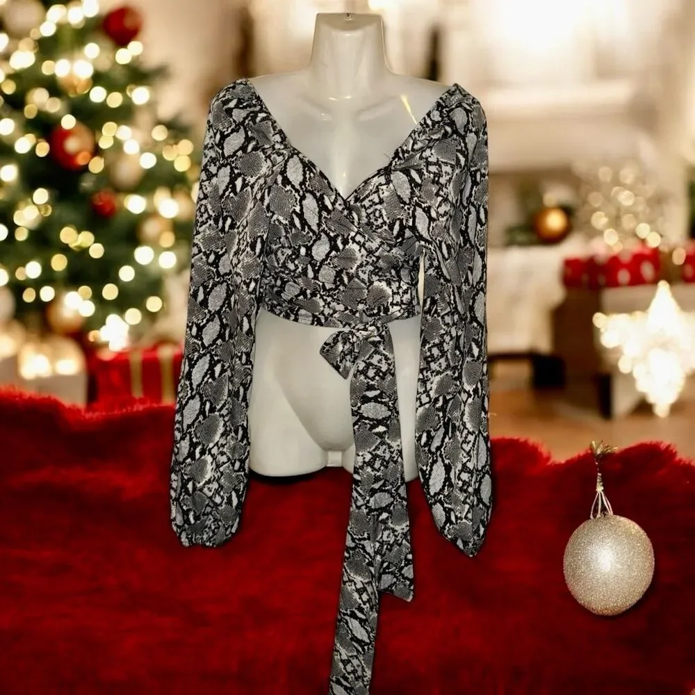 SHEIN Top Blouse Gray Deep V Reptile Print Bishop Sleeve Crop Wrap Tie Size L 🍭 - Picture 3 of 15